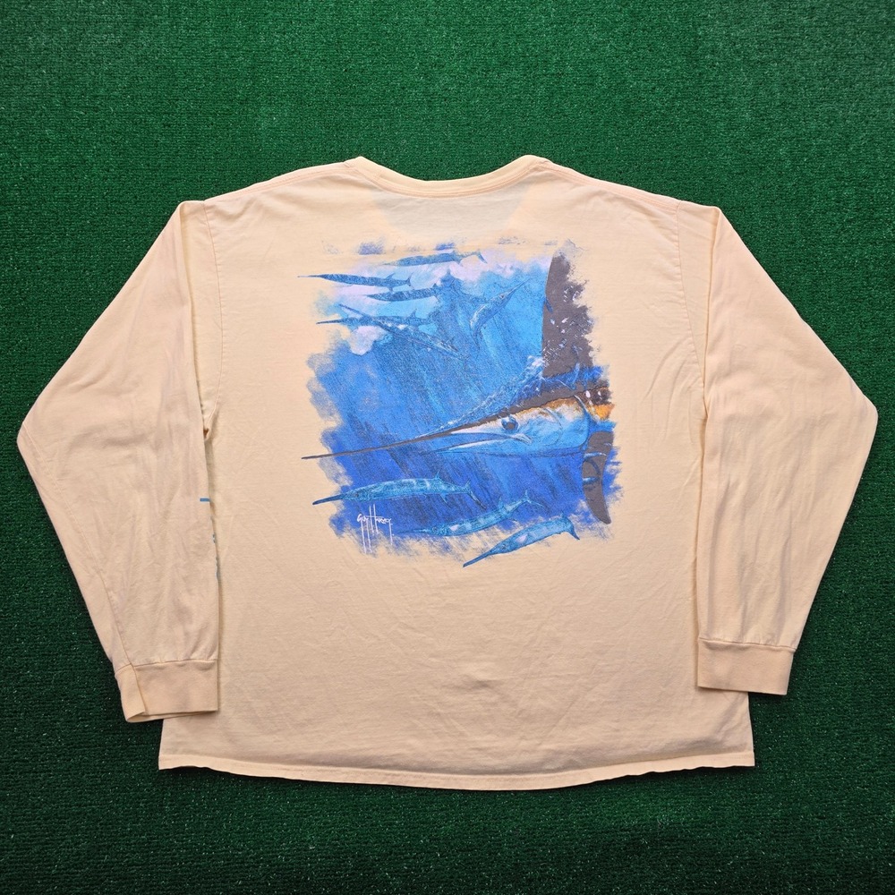 Guy Harvey Tshirt Mens XL Yellow Long Sleeve Pocket‎ Tee Fish Graphic Back